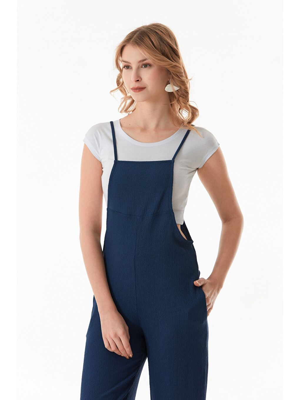 Lacivert Krep Kumaş İp Askılı Tulum-1