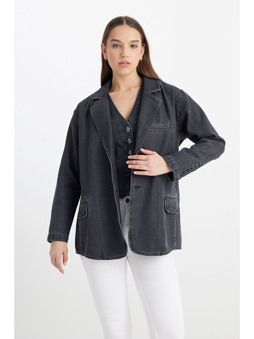 Oversize Bol Kesim %100 Pamuk Antrasit Jean Jean Ceket-5