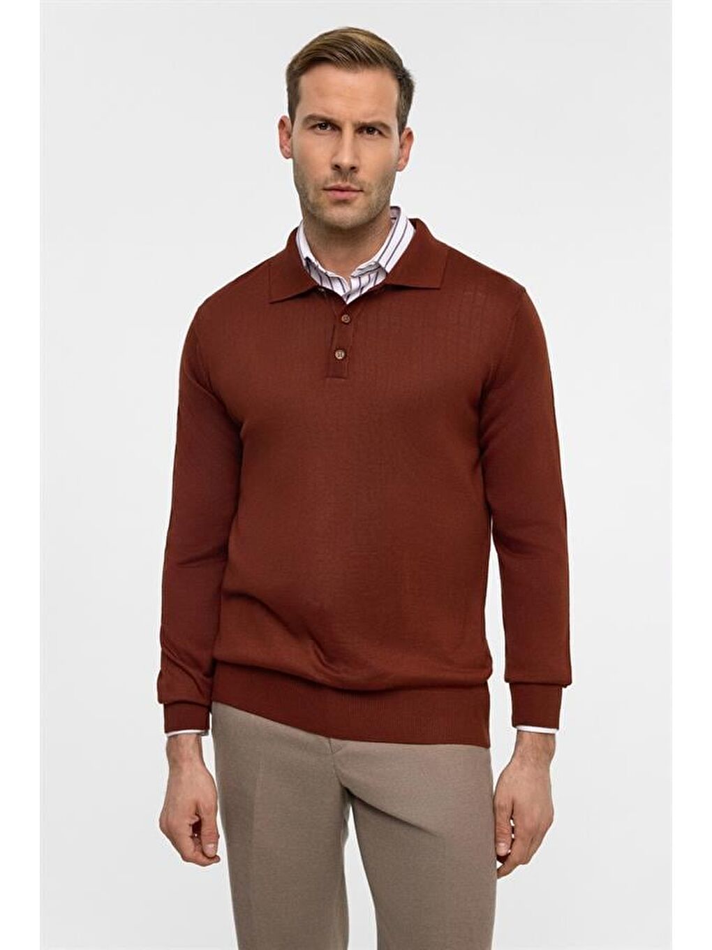Kahverengi Kiremit Regular Düz Polo Yaka Triko-1