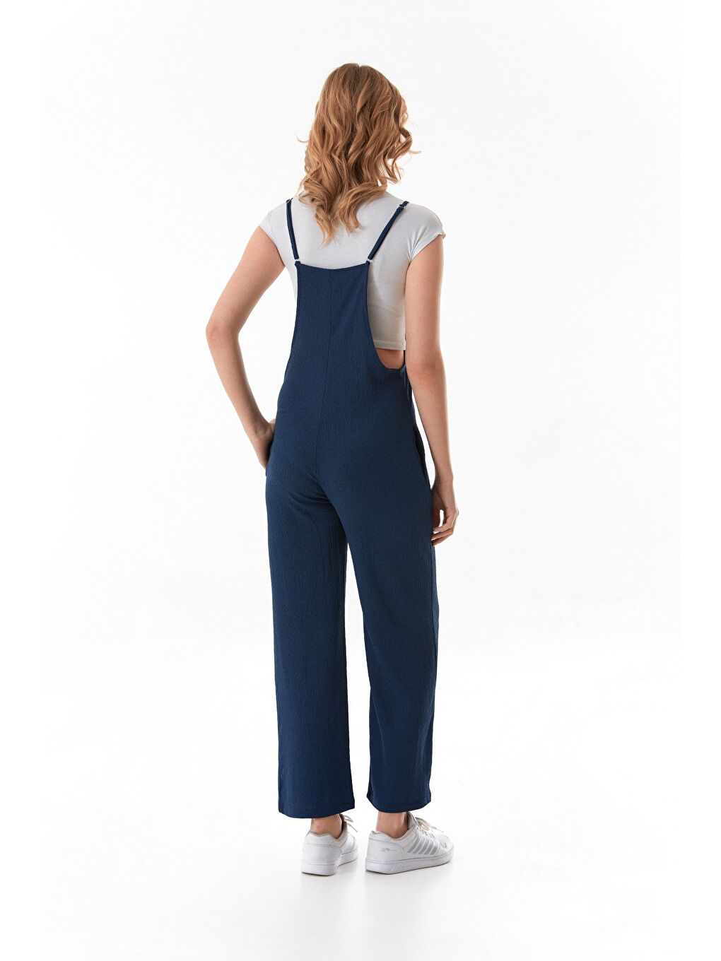 Lacivert Krep Kumaş İp Askılı Tulum-3