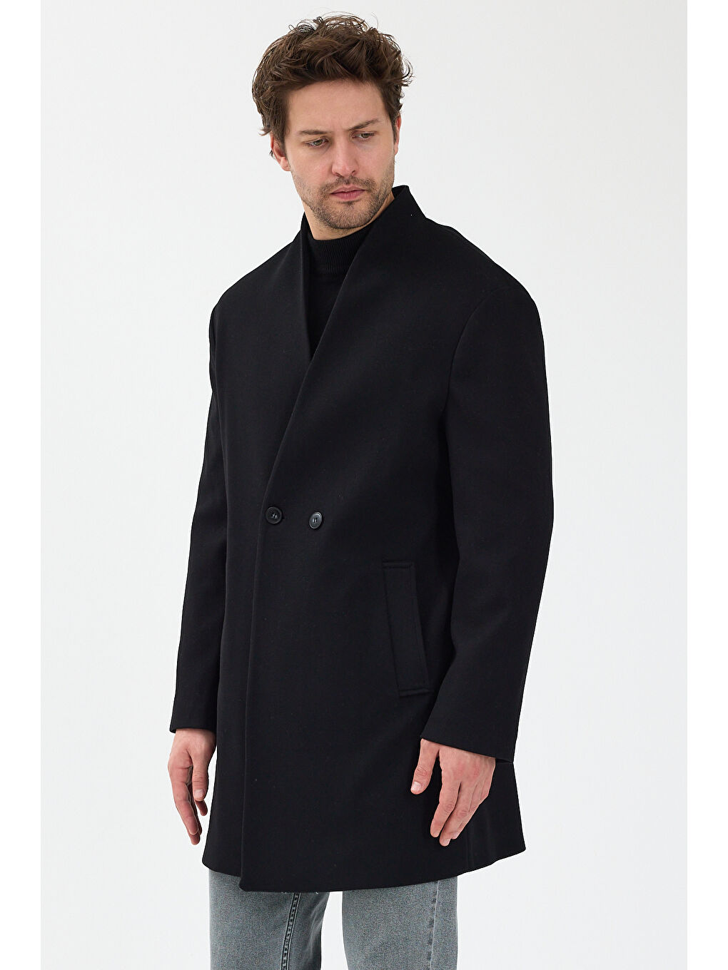 Erkek Kruvaze Kaşe Palto Mont Siyah-4