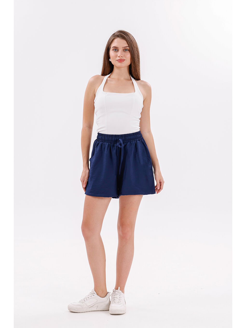 Lacivert Genıus Store Kadın Şort Aerobin Pamuklu Cepli Çekmez Kumaş Beli Lastikli Şort-2