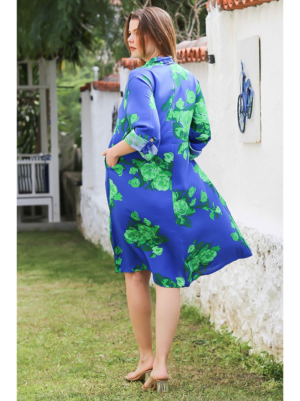 Mavi V Yaka Düğmeli Uzun Kollu Gizli Cepli Allover Baskılı Casual Viskon Dokuma Elbise 115 58-5