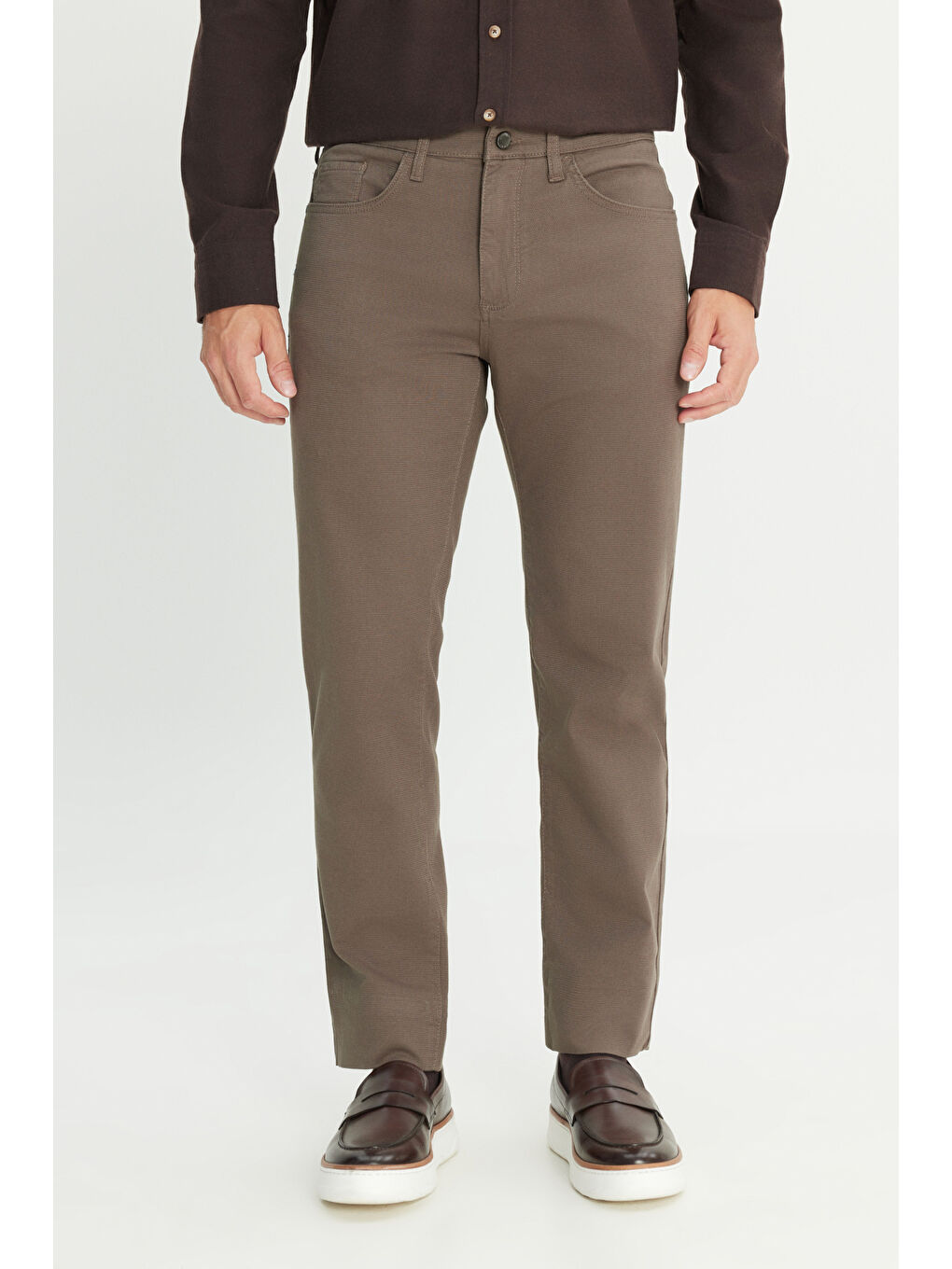 Erkek Haki Pamuklu Slim Fit Dar Kesim 5 Cep Armürlü Esnek Pantolon