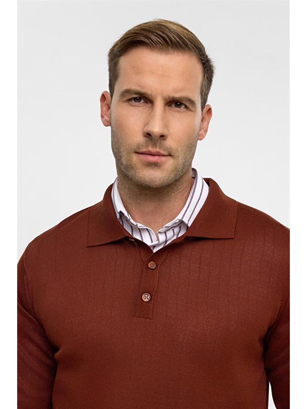 Kahverengi Kiremit Regular Düz Polo Yaka Triko-3