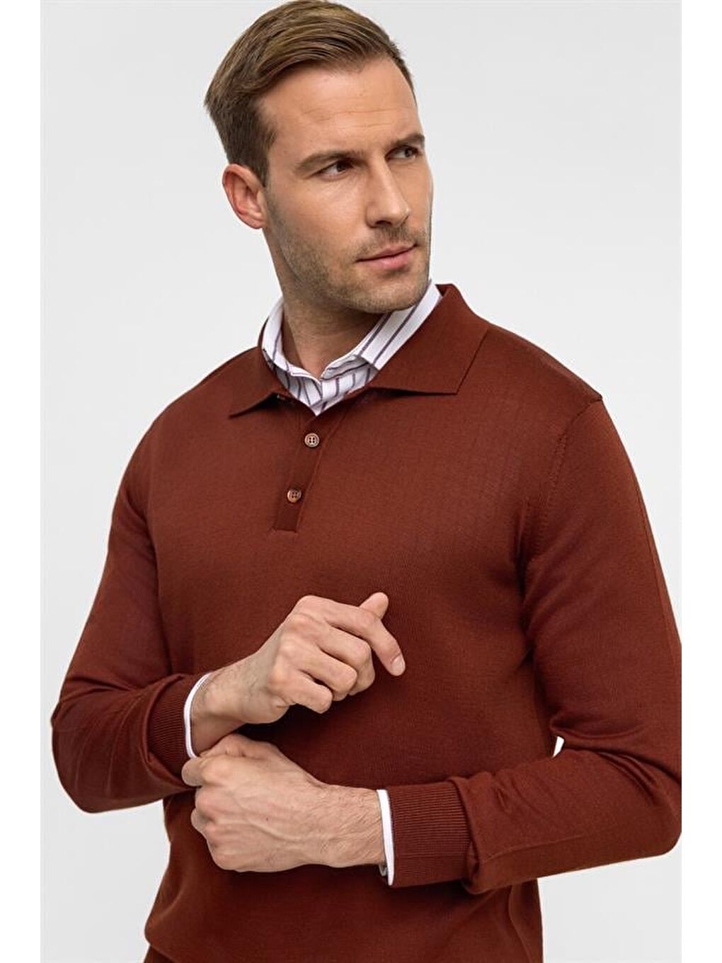 Kahverengi Kiremit Regular Düz Polo Yaka Triko-4
