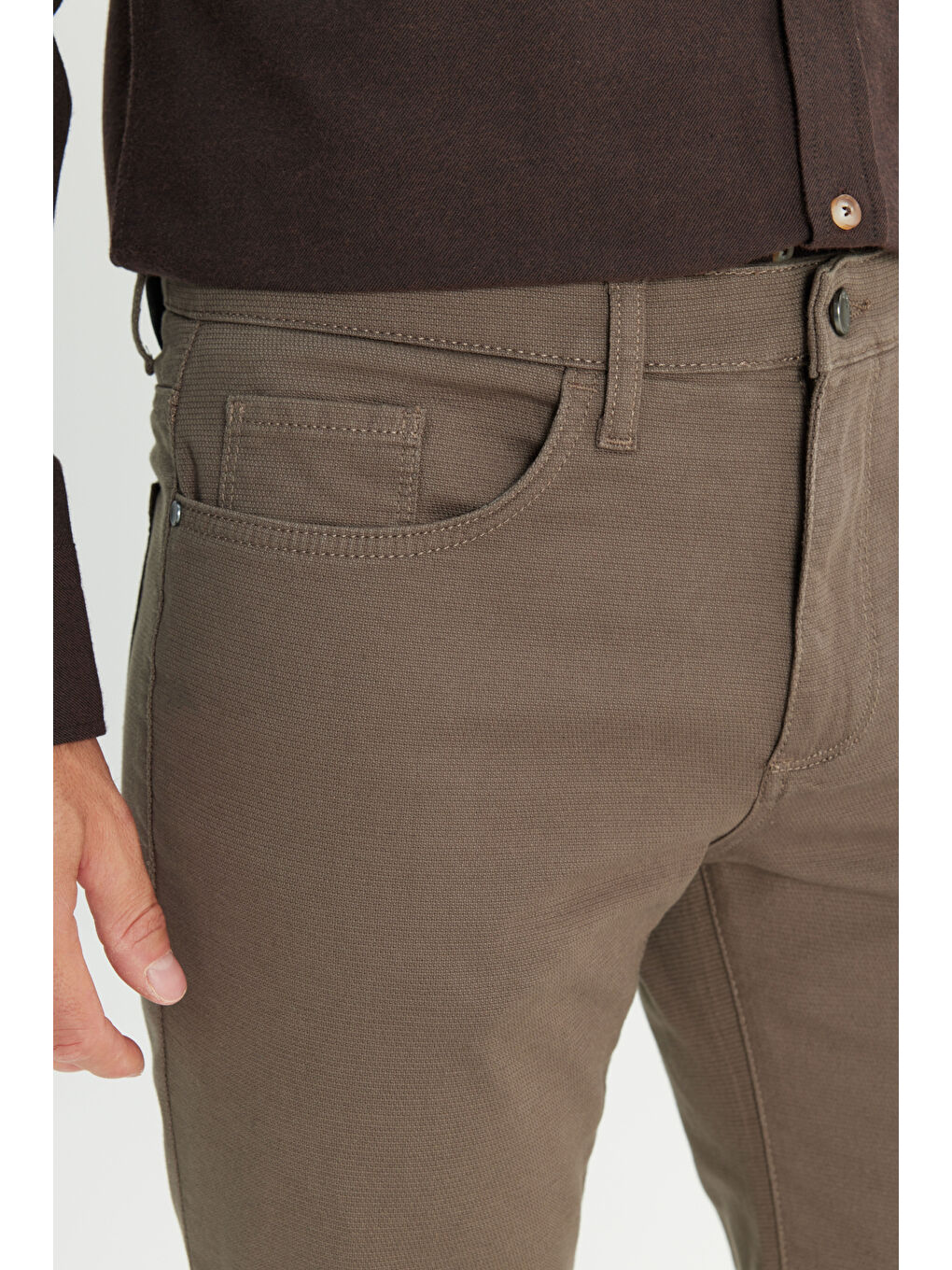 Erkek Haki Pamuklu Slim Fit Dar Kesim 5 Cep Armürlü Esnek Pantolon-3