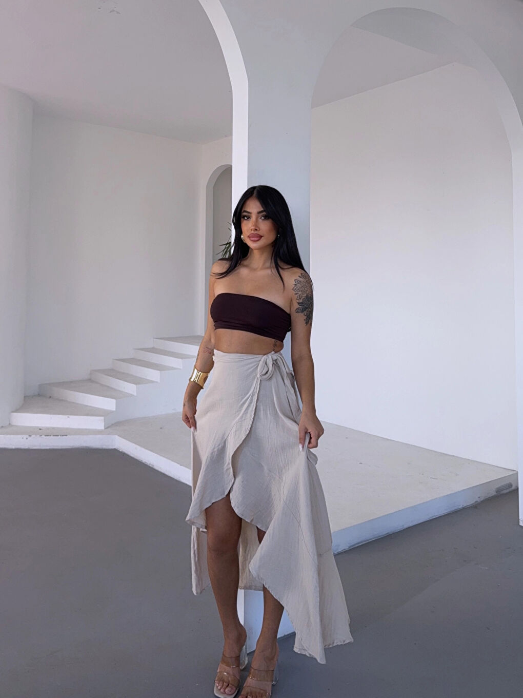 Kadım Bej Belden Bağlamalı Asimetrik Müslin Etek HZL25S-DSB117801-1