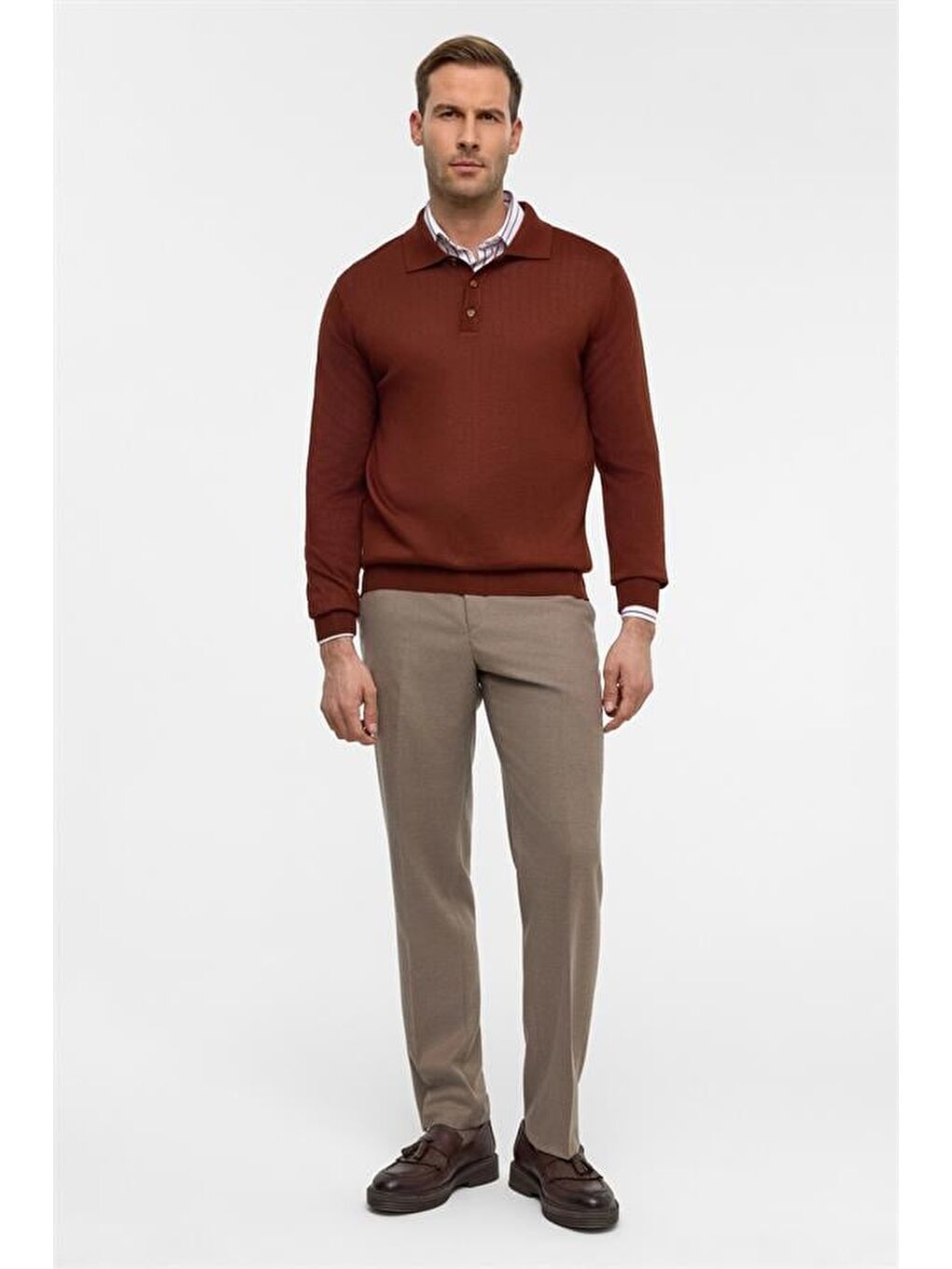 Kahverengi Kiremit Regular Düz Polo Yaka Triko-5