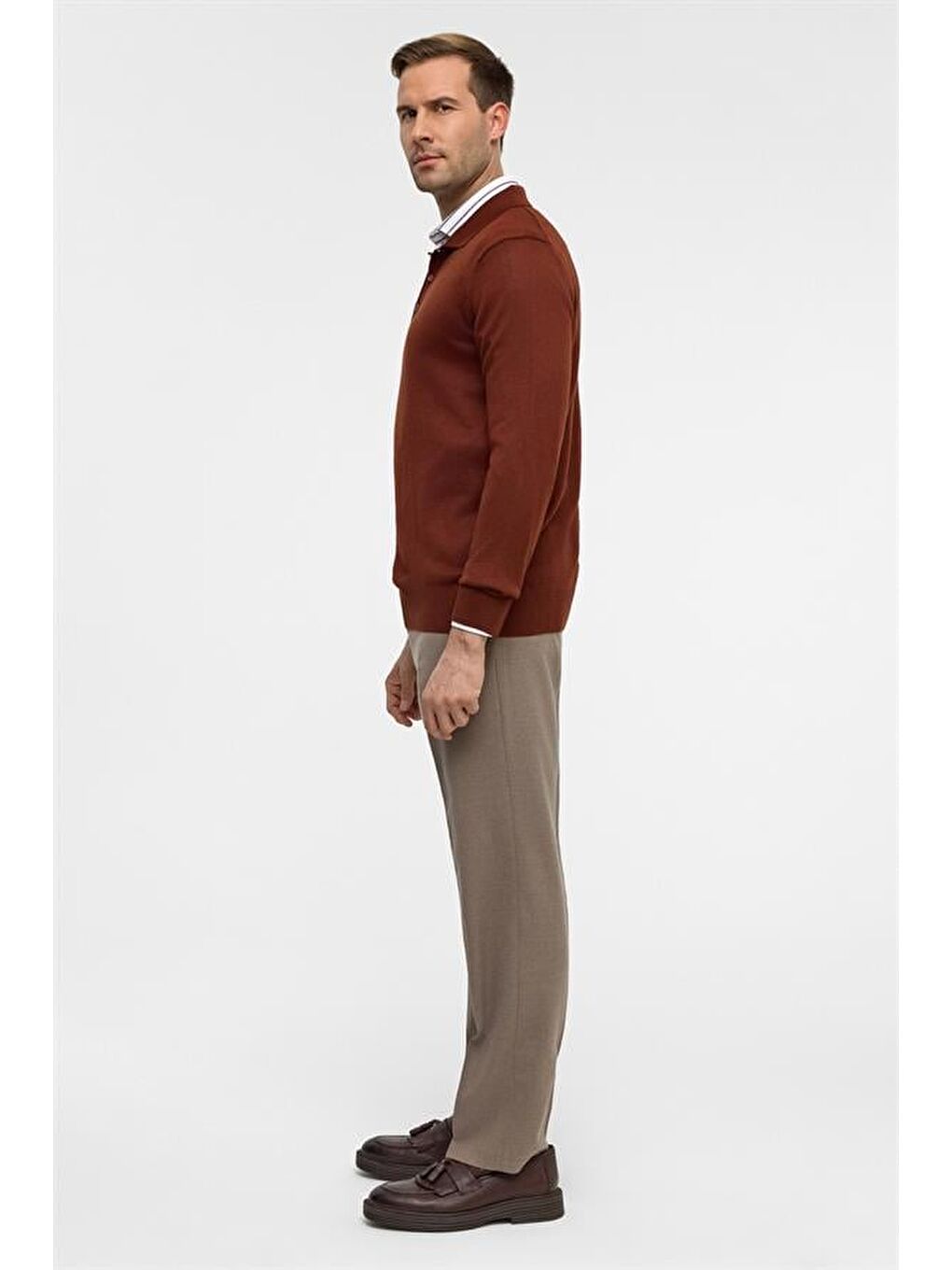 Kahverengi Kiremit Regular Düz Polo Yaka Triko-6