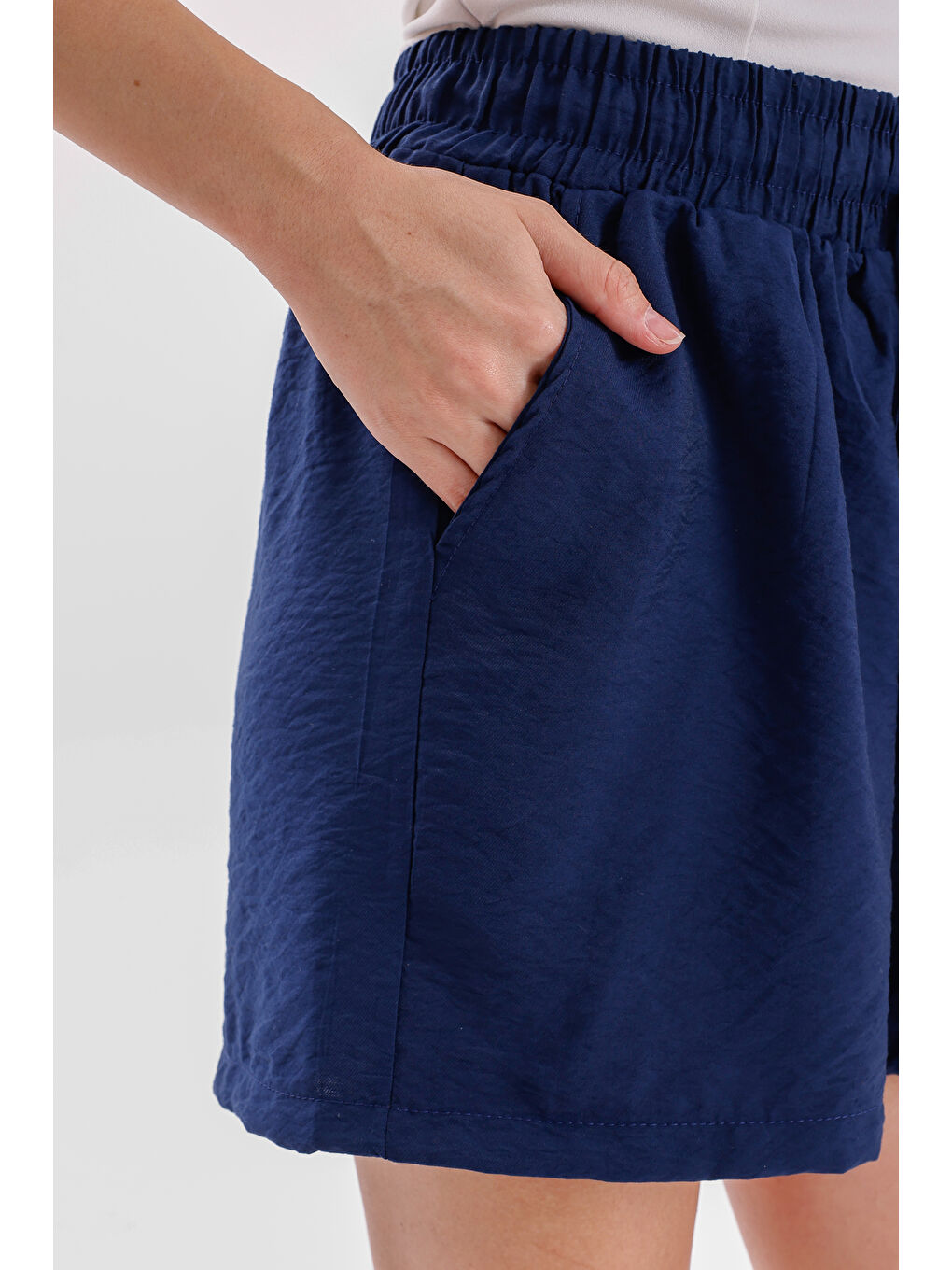 Lacivert Genıus Store Kadın Şort Aerobin Pamuklu Cepli Çekmez Kumaş Beli Lastikli Şort-3