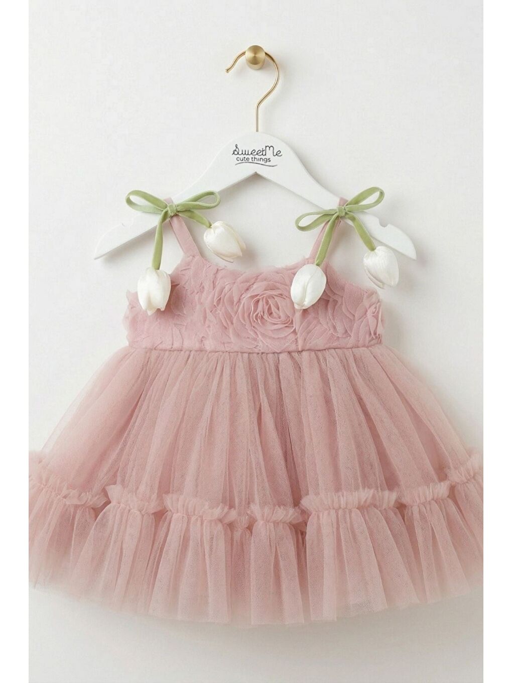 Pembe Kız Bebek Lale Figürlü Premium Tül Elbise