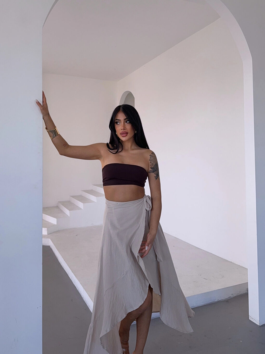 Kadım Bej Belden Bağlamalı Asimetrik Müslin Etek HZL25S-DSB117801-2