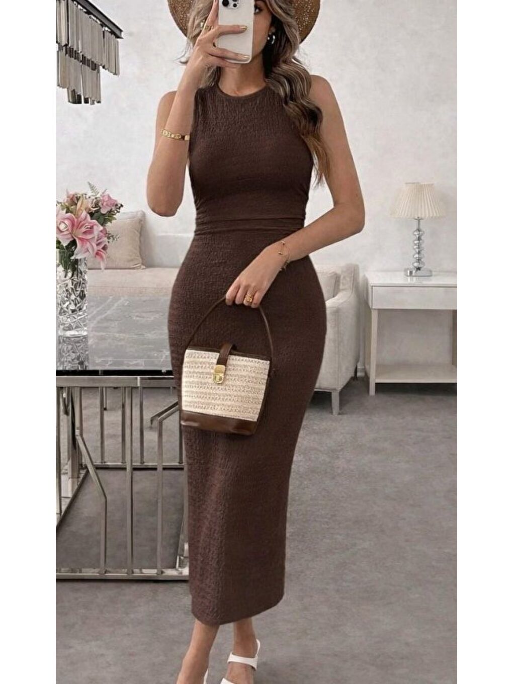 Kahverengi Kadın Askılı Bisiklet Yaka Beli Büzgülü Uzun Bürümcük Elbise-1