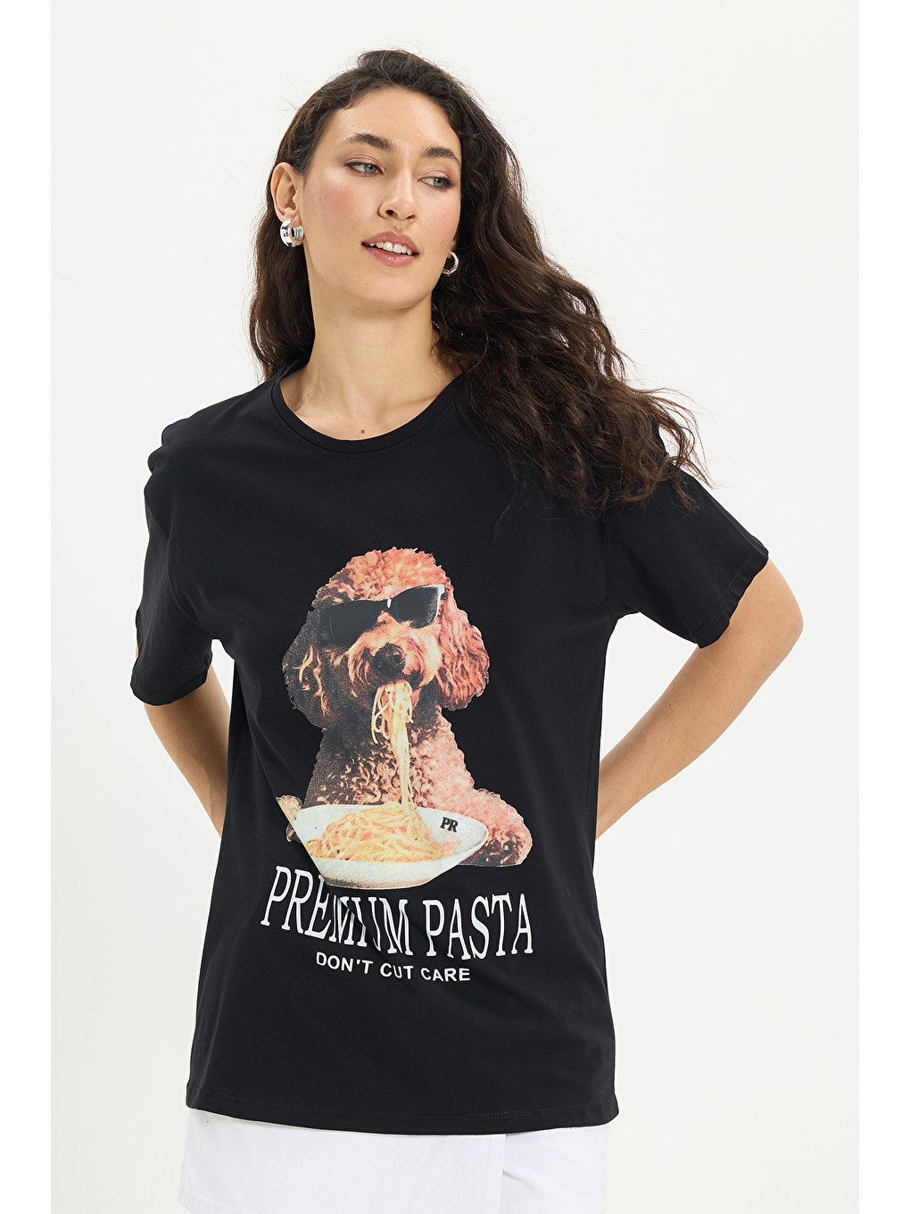 Kadın Oversize Geniş Kesim %100 Pamuk Bisiklet Yaka Kısa Kollu Baskılı Siyah Tişört-5