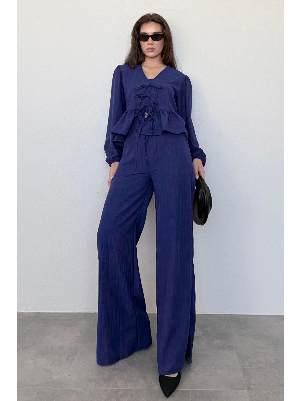Lacivert Önü Bağlamalı Bluz Pantolon Takımı Mg2343