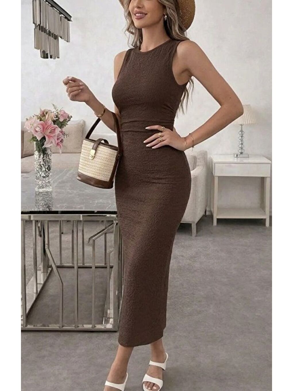 Kahverengi Kadın Askılı Bisiklet Yaka Beli Büzgülü Uzun Bürümcük Elbise-2