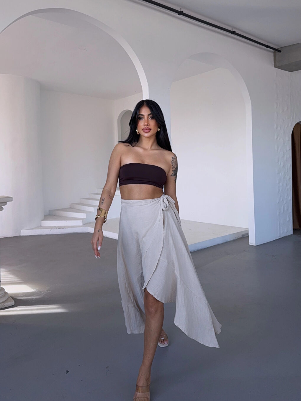 Kadım Bej Belden Bağlamalı Asimetrik Müslin Etek HZL25S-DSB117801-3