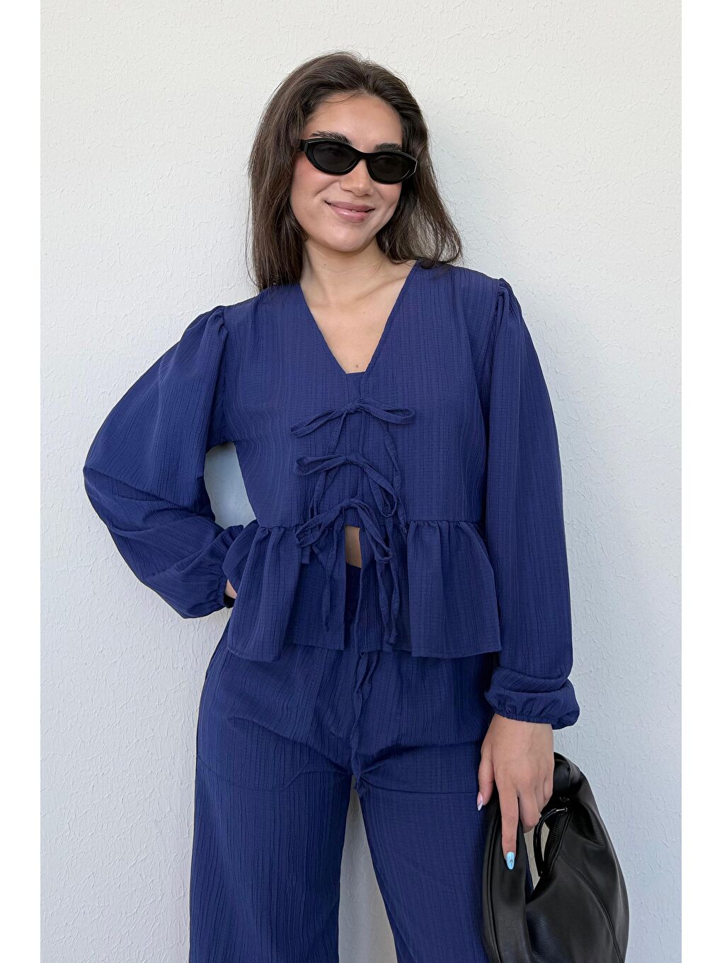 Lacivert Önü Bağlamalı Bluz Pantolon Takımı Mg2343-2