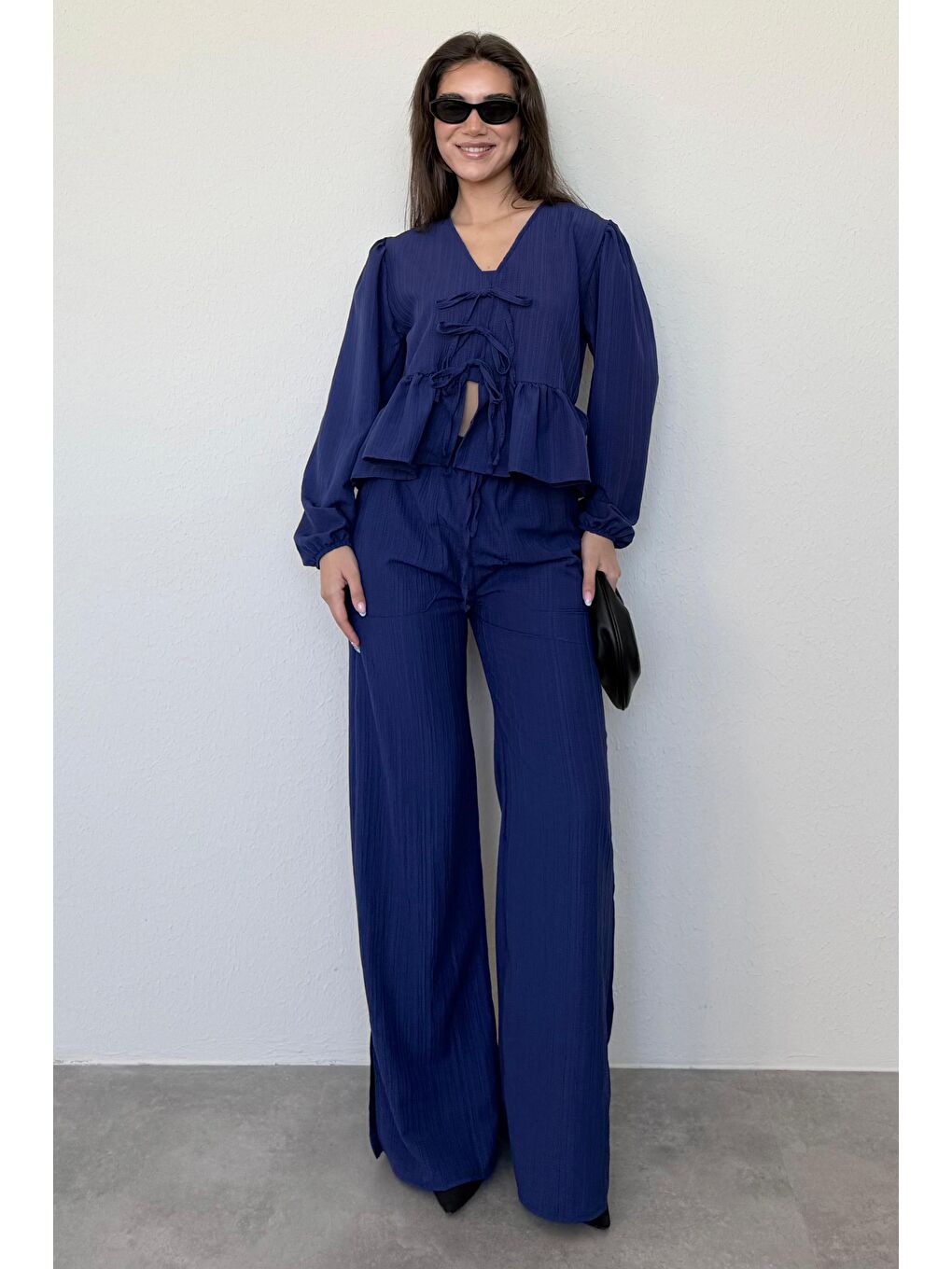 Lacivert Önü Bağlamalı Bluz Pantolon Takımı Mg2343-3