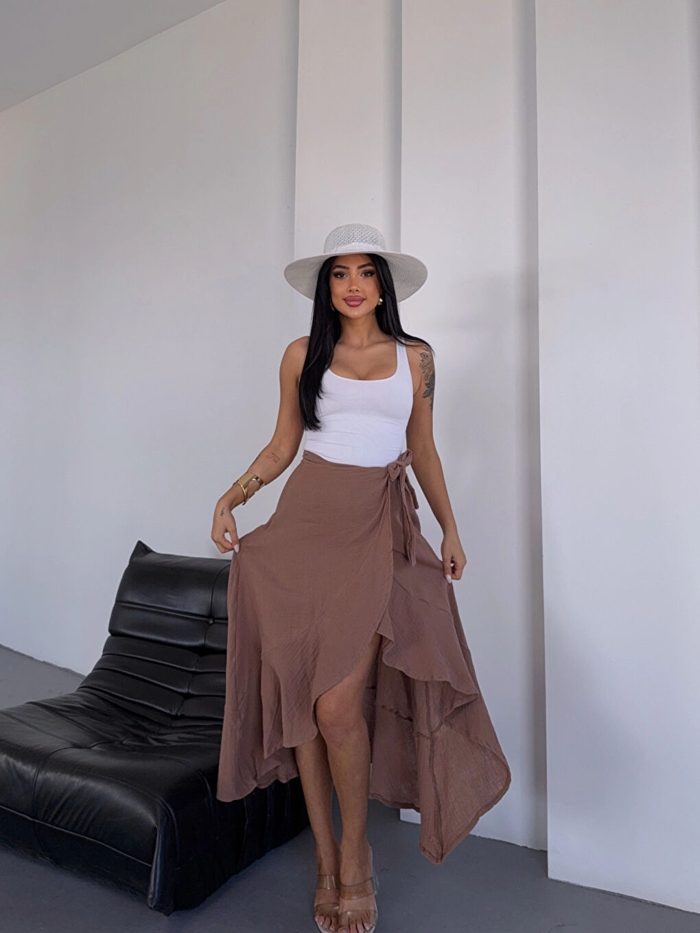 Sarı Kadım Camel Belden Bağlamalı Asimetrik Müslin Etek HZL25S-DSB117801-2