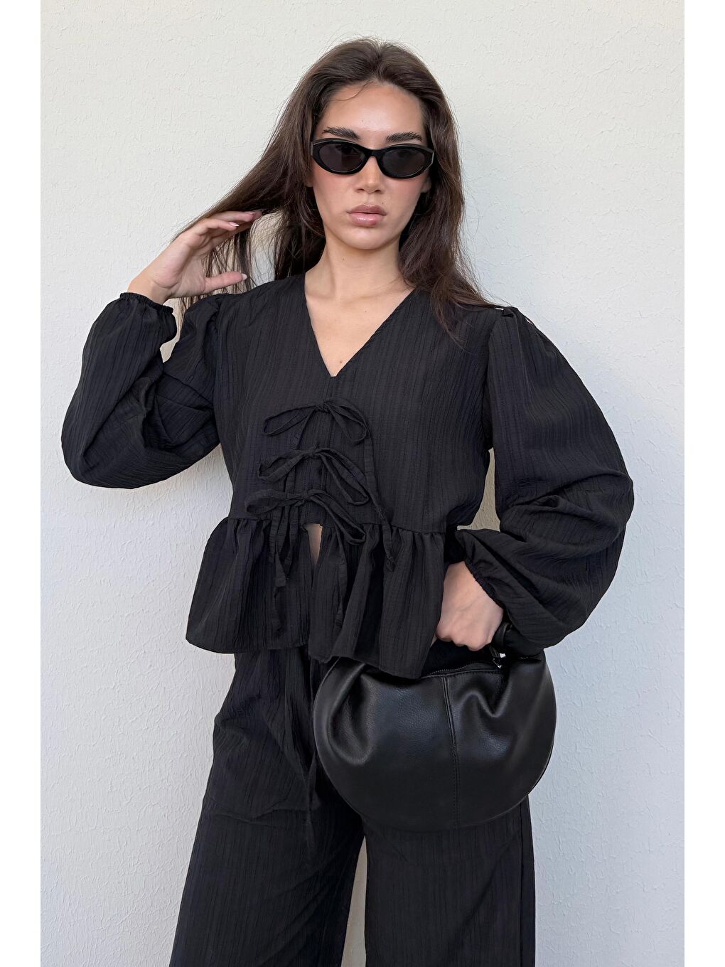 Siyah Önü Bağlamalı Bluz Pantolon Takımı Mg2343-2