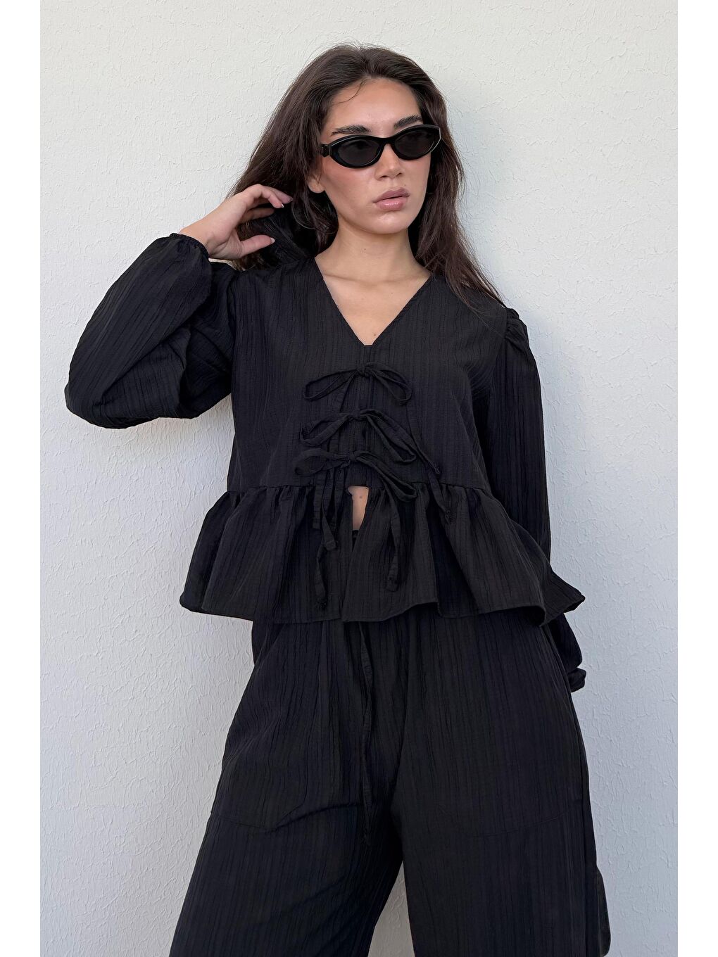 Siyah Önü Bağlamalı Bluz Pantolon Takımı Mg2343-3