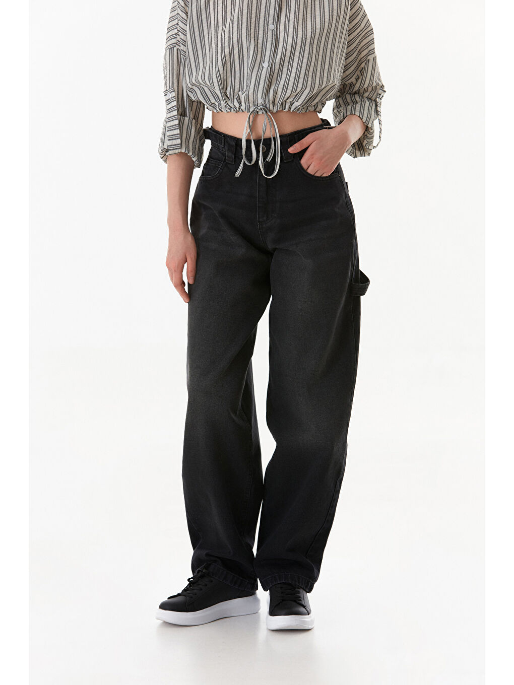 Antrasit Yüksek Bel Tokalı Baggy Jean-1