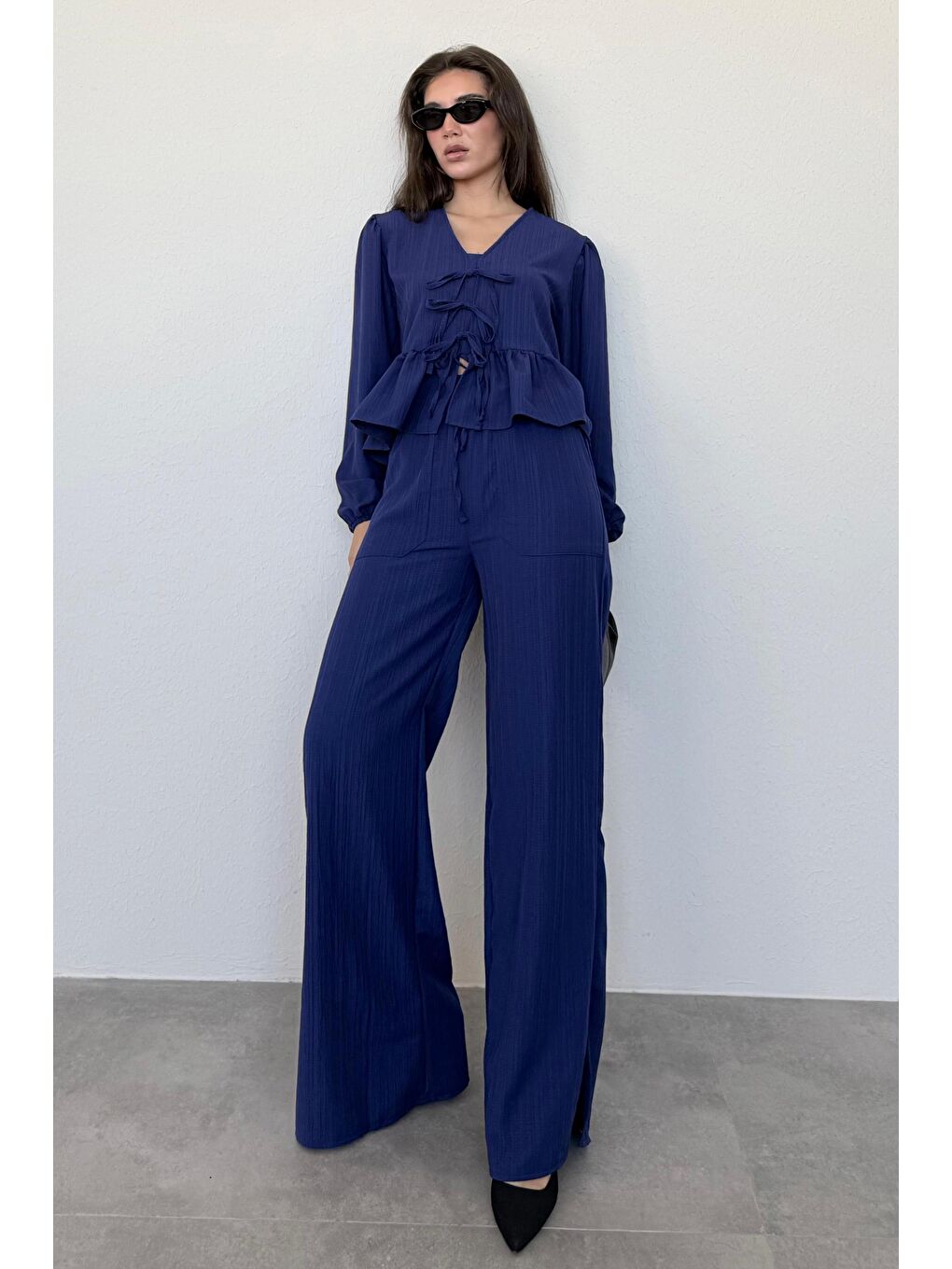 Lacivert Önü Bağlamalı Bluz Pantolon Takımı Mg2343-4