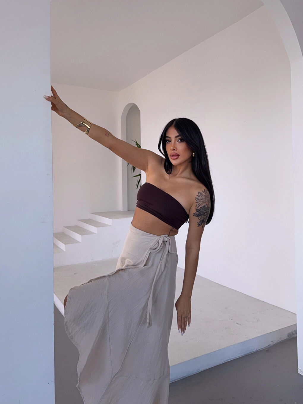 Kadım Bej Belden Bağlamalı Asimetrik Müslin Etek HZL25S-DSB117801-4