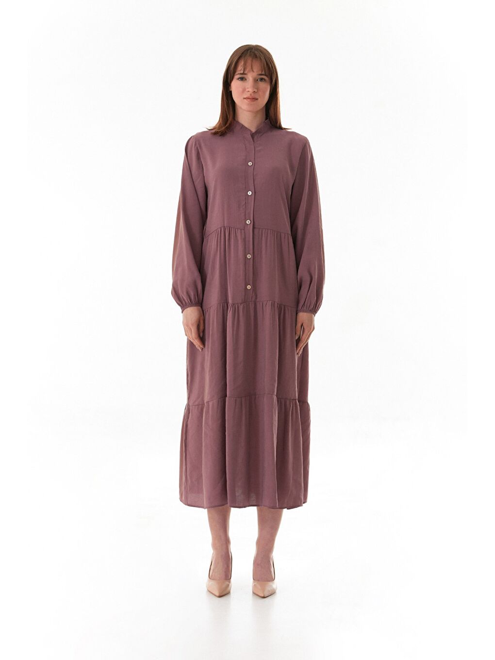 Pembe Fullamodest Kolları Lastikli Dik Yaka Elbise