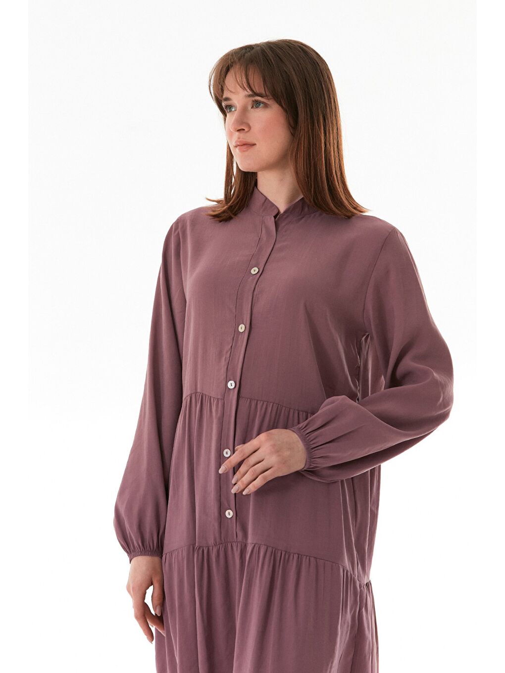 Pembe Fullamodest Kolları Lastikli Dik Yaka Elbise-1