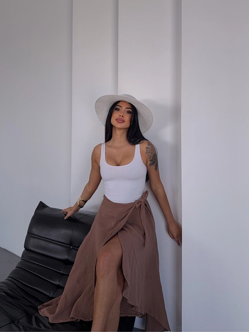 Sarı Kadım Camel Belden Bağlamalı Asimetrik Müslin Etek HZL25S-DSB117801-3