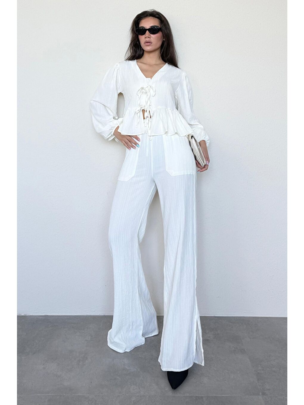 Ekru Önü Bağlamalı Bluz Pantolon Takımı Mg2343