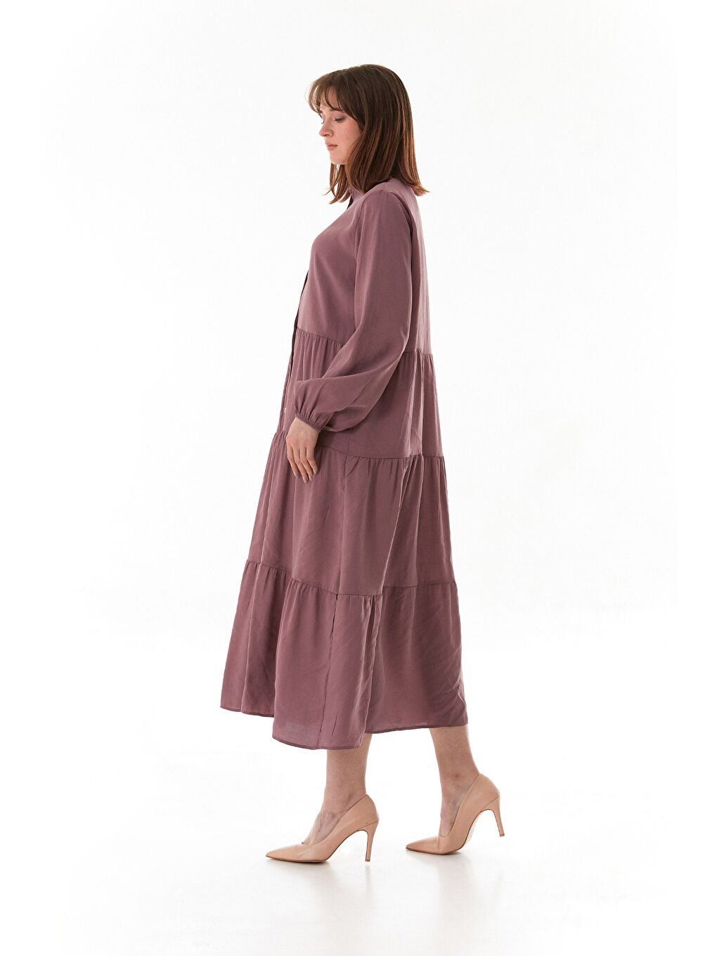 Pembe Fullamodest Kolları Lastikli Dik Yaka Elbise-2