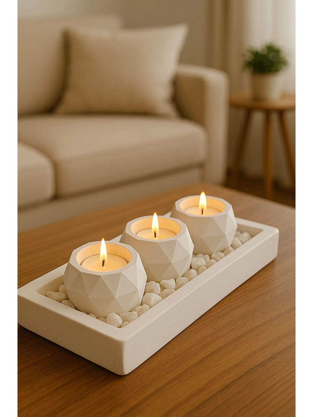 Beyaz Tabaklı Beton Mumluk Ve Tealight Mumluk