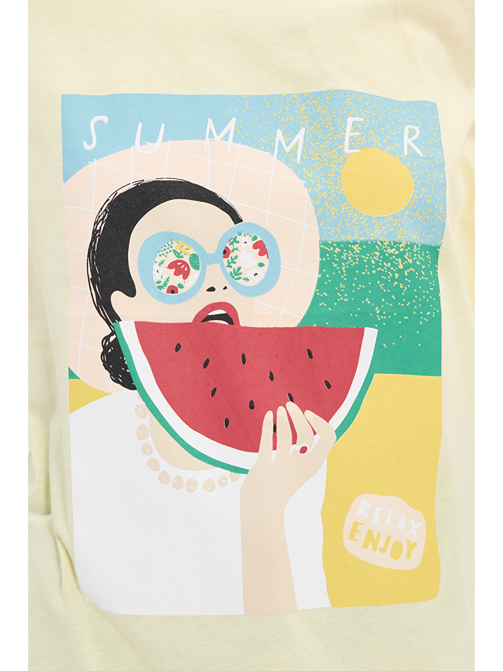 Kadın Oversize Geniş Kesim %100 Pamuk Bisiklet Yaka Kısa Kollu Baskılı Sarı Tişört-3