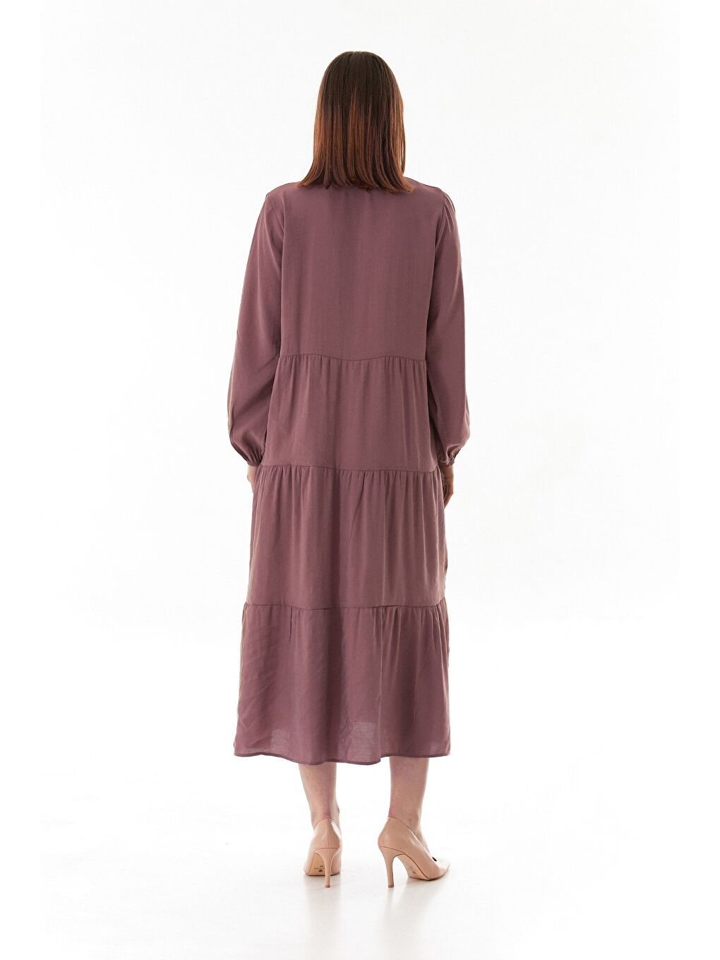 Pembe Fullamodest Kolları Lastikli Dik Yaka Elbise-3