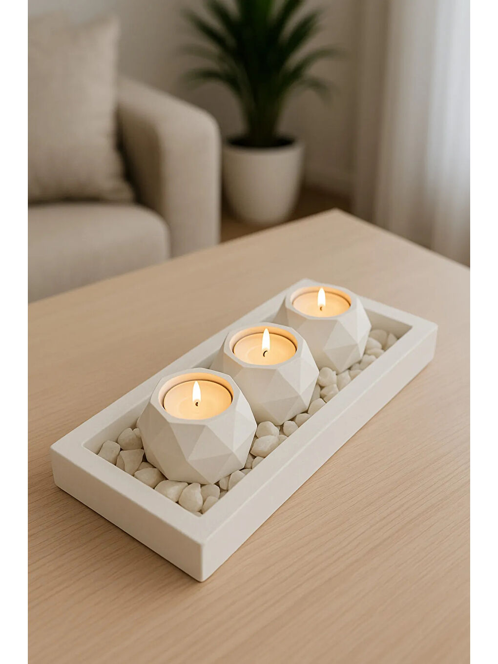Beyaz Tabaklı Beton Mumluk Ve Tealight Mumluk-2