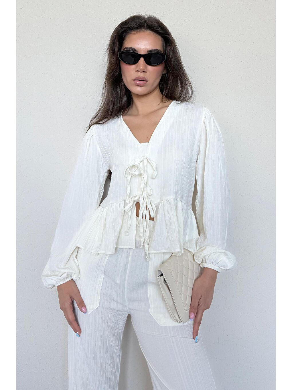 Ekru Önü Bağlamalı Bluz Pantolon Takımı Mg2343-1