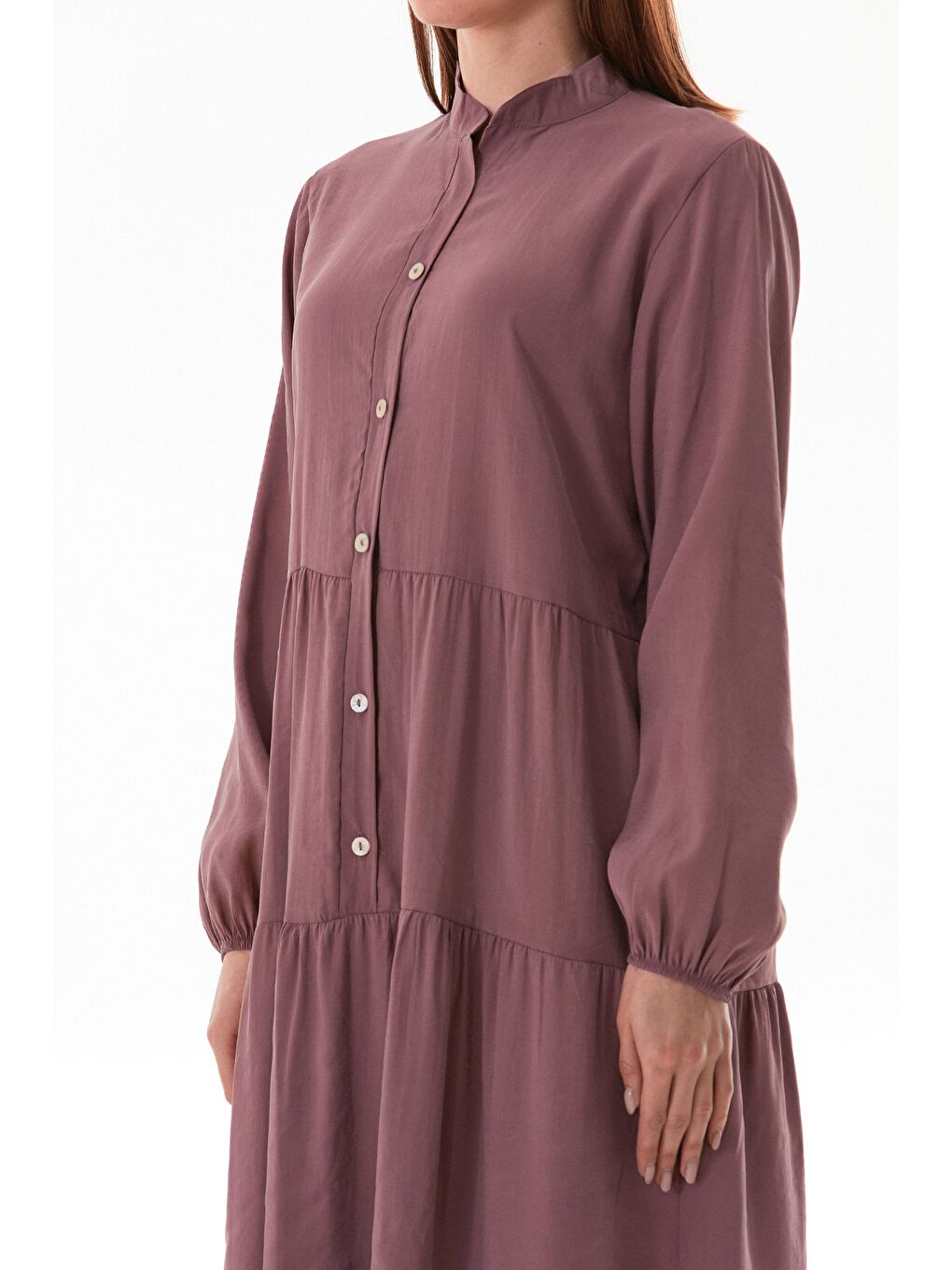 Pembe Fullamodest Kolları Lastikli Dik Yaka Elbise-4