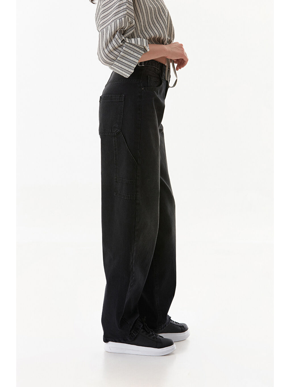 Antrasit Yüksek Bel Tokalı Baggy Jean-2