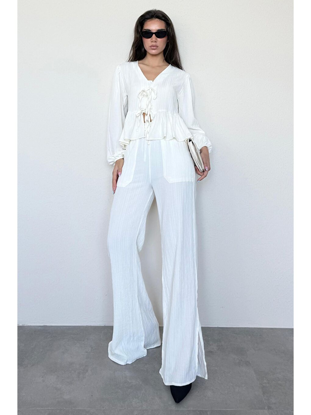 Ekru Önü Bağlamalı Bluz Pantolon Takımı Mg2343-2