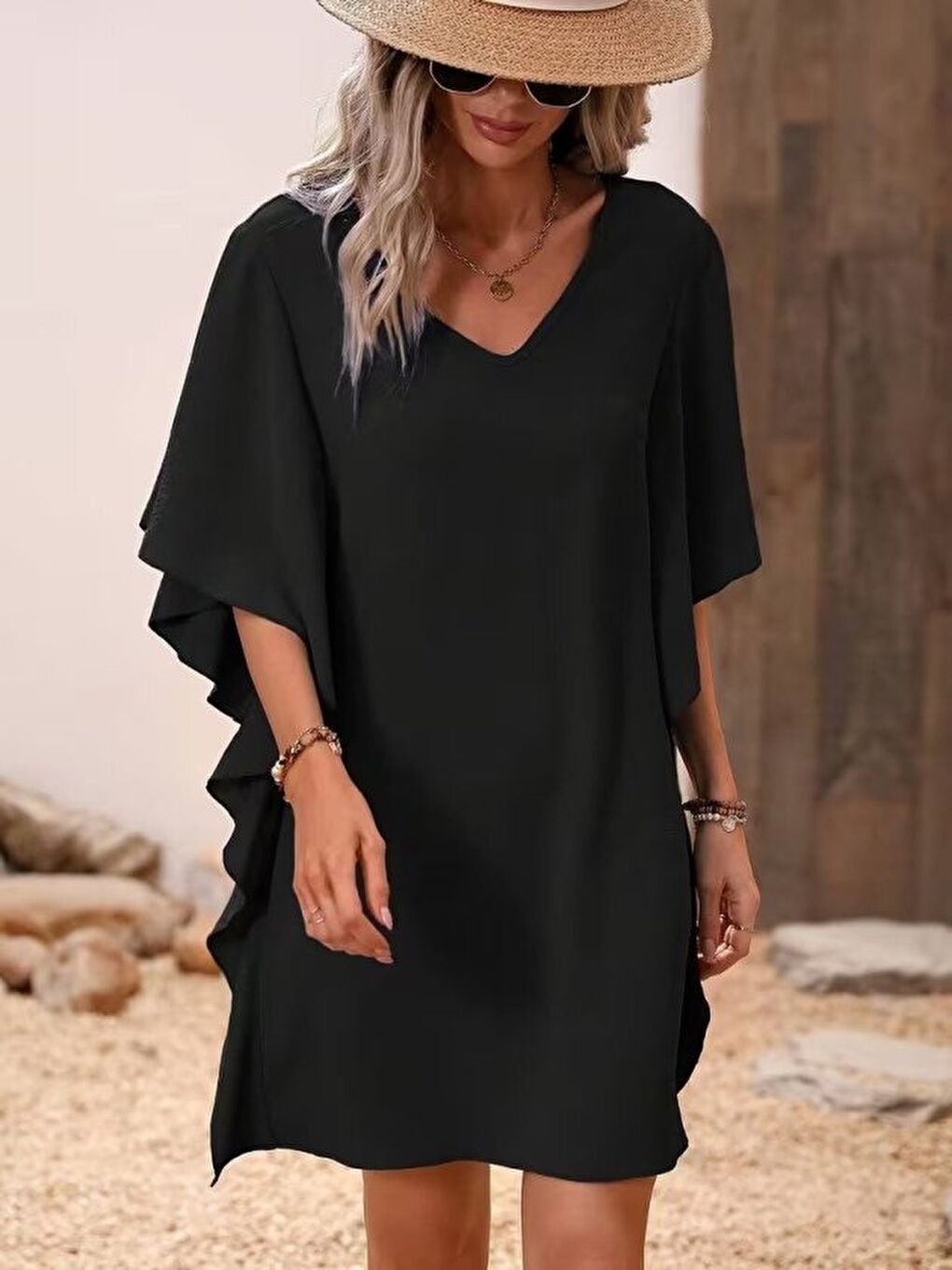 Siyah Kadın Kısa Kollu V Yakalı Yanları Volanlı Kısa Ithal Krep Elbise-2