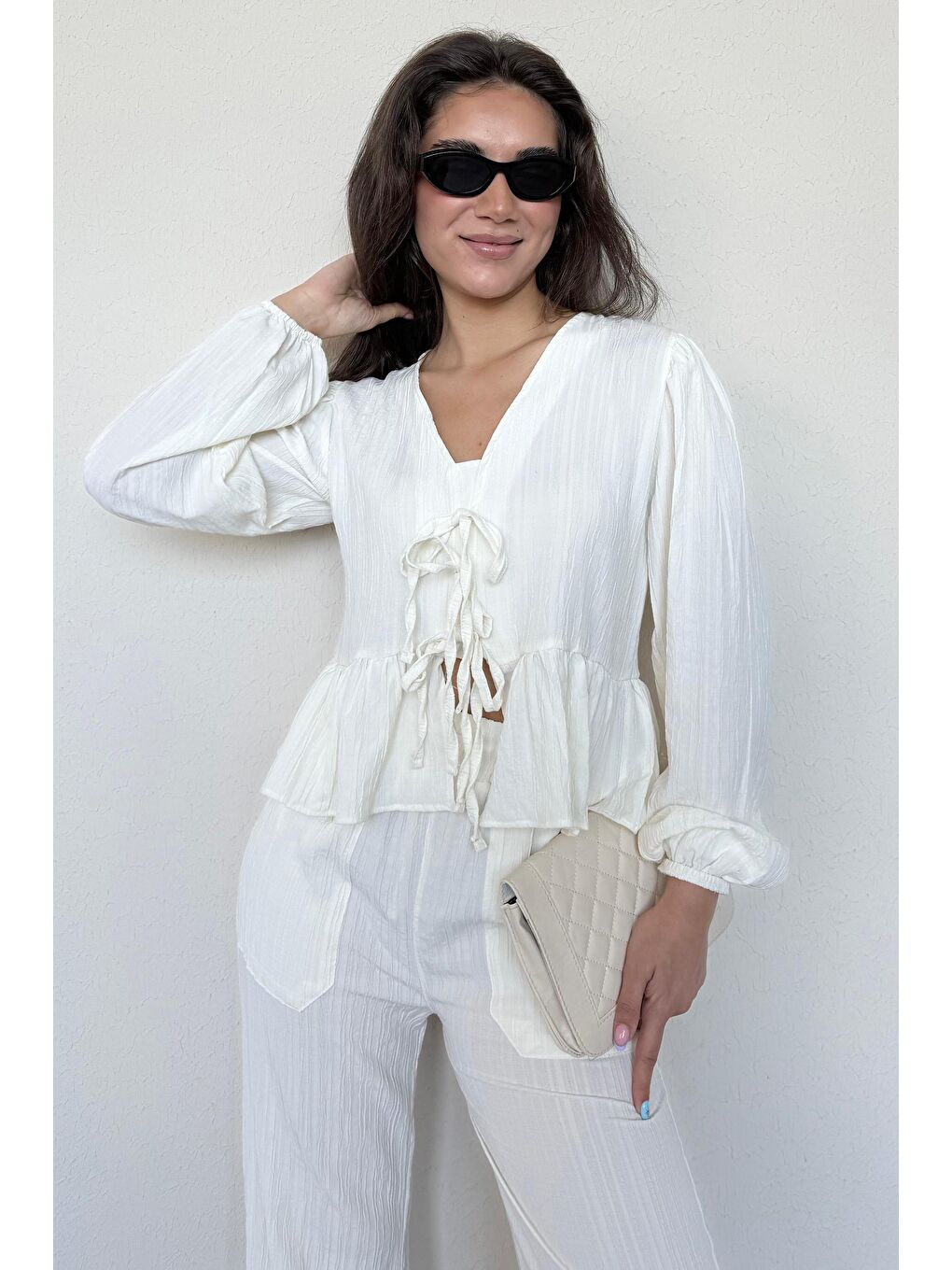 Ekru Önü Bağlamalı Bluz Pantolon Takımı Mg2343-3