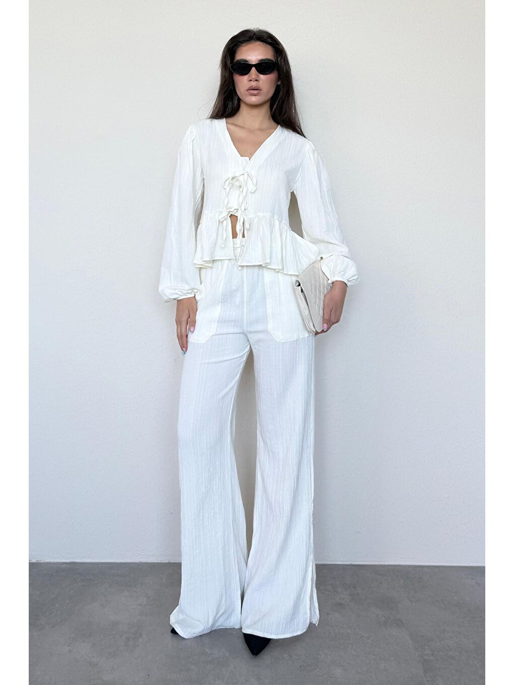 Ekru Önü Bağlamalı Bluz Pantolon Takımı Mg2343-4