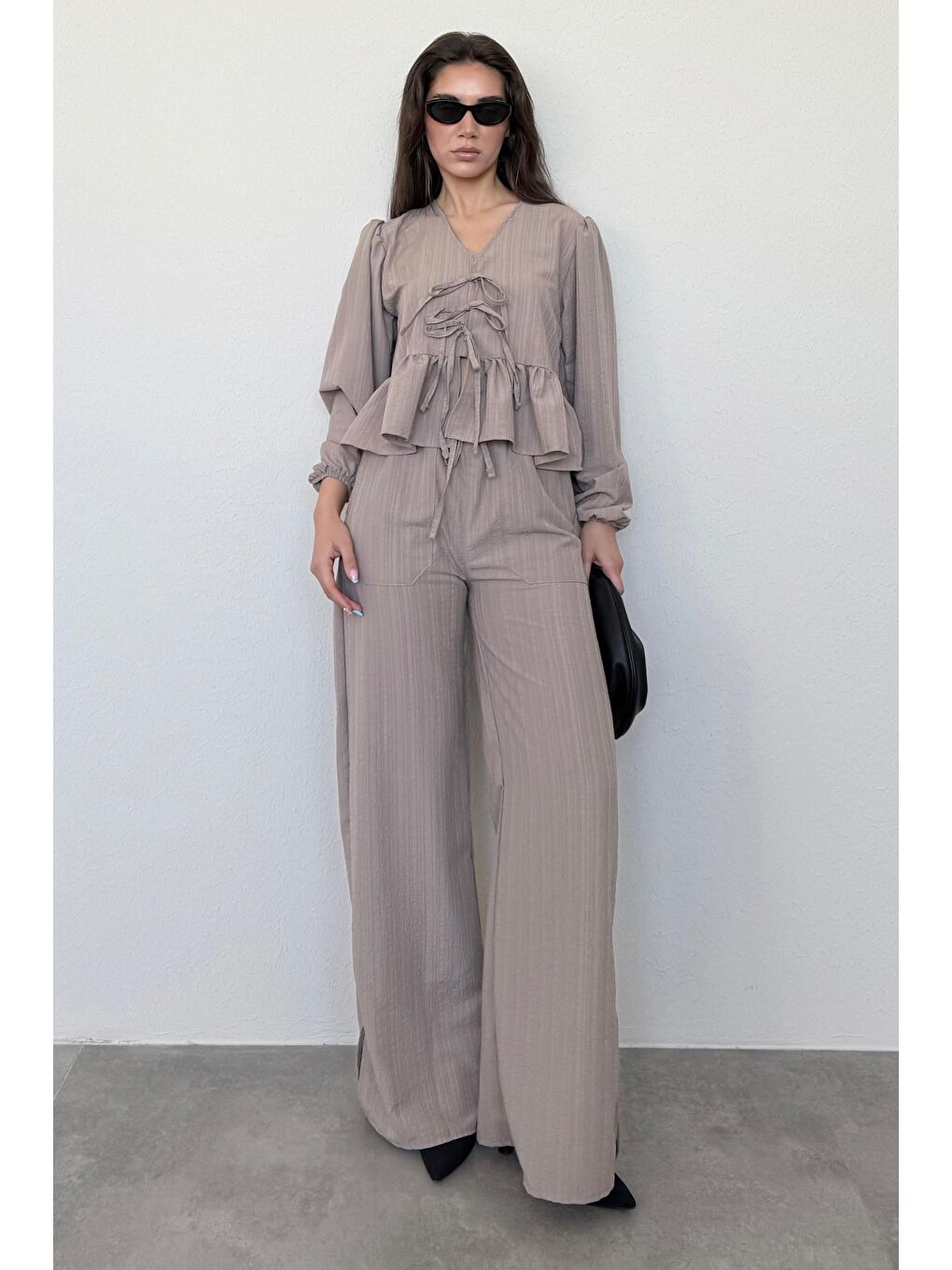 Kahverengi Camel Önü Bağlamalı Bluz Pantolon Takımı Mg2343-1