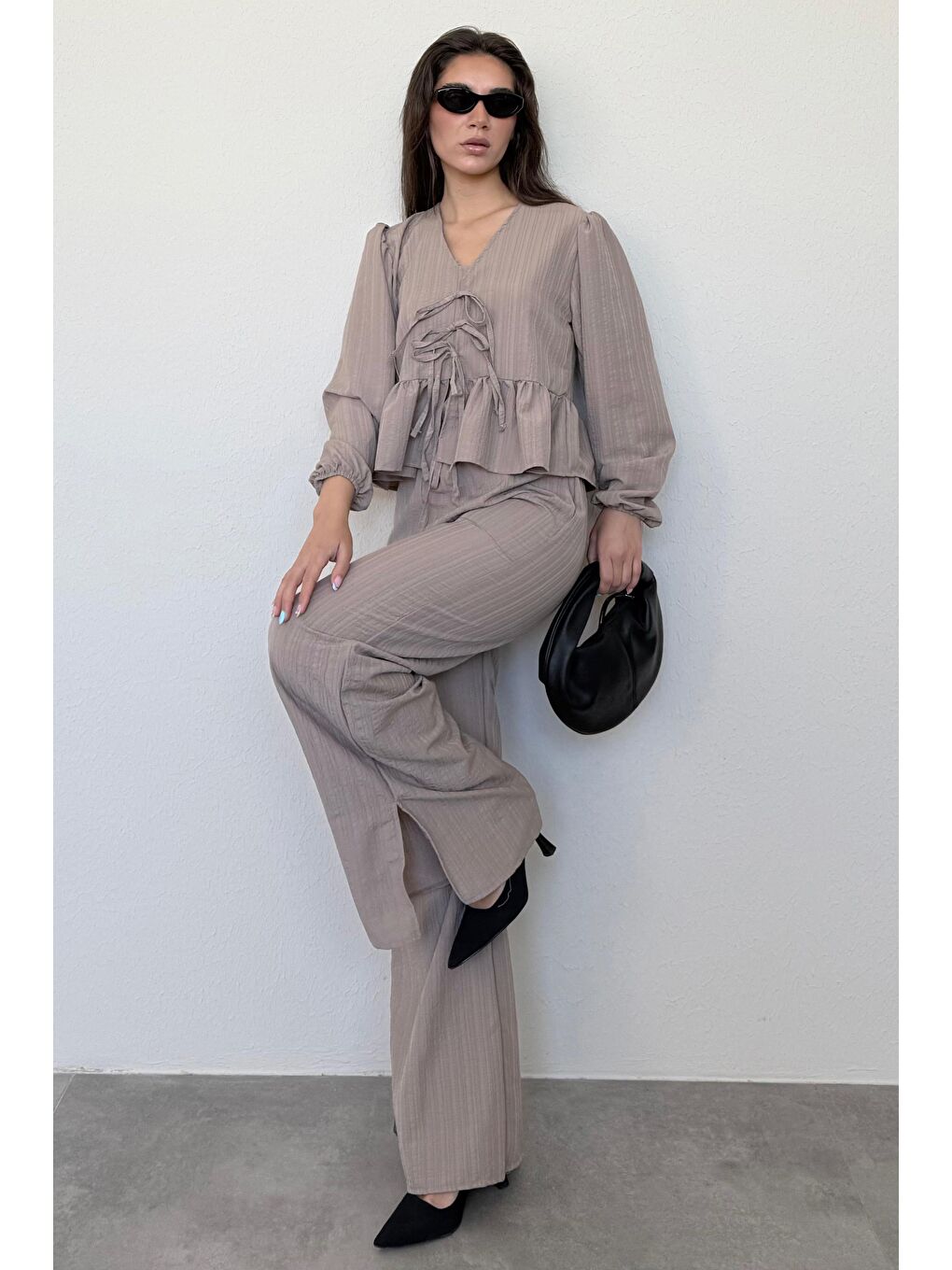 Kahverengi Camel Önü Bağlamalı Bluz Pantolon Takımı Mg2343-2