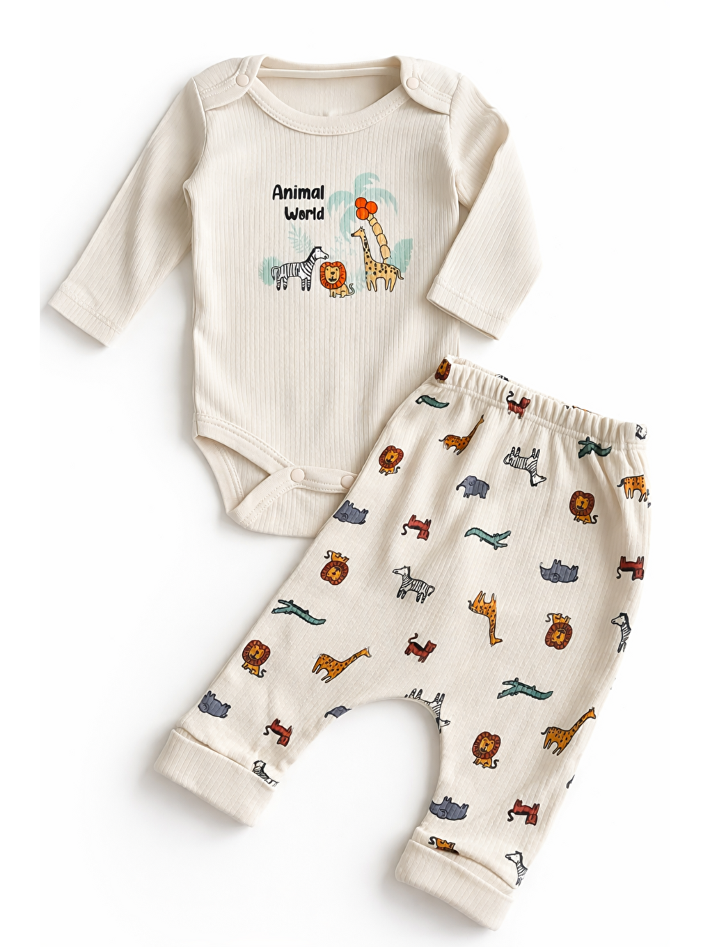 Bej Erkek Bebek Safari Desenli 2li Takım fitilli Kumaş Çıtçıtlı Mevsimlik-1