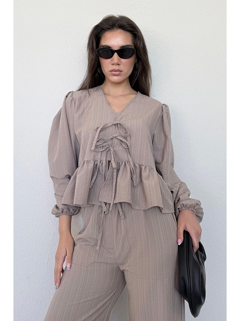 Kahverengi Camel Önü Bağlamalı Bluz Pantolon Takımı Mg2343-3